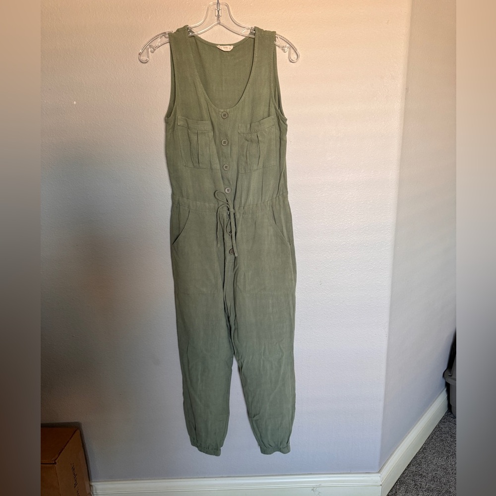 Womens Olive Green Linen-Blend Jumpsuit with Drawstring Waist
